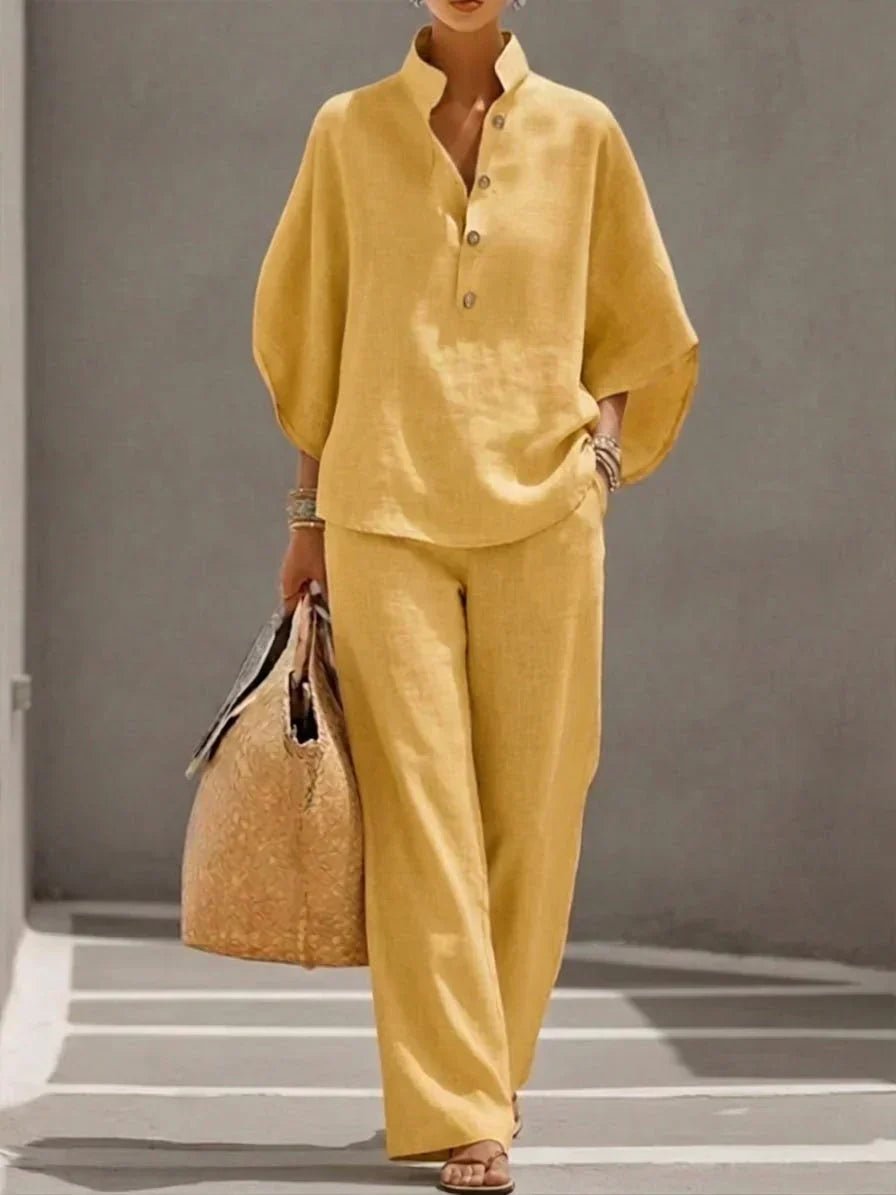 Sophie | Leinen-Set mit Batwing-Ärmeln und weitem Hosenstil