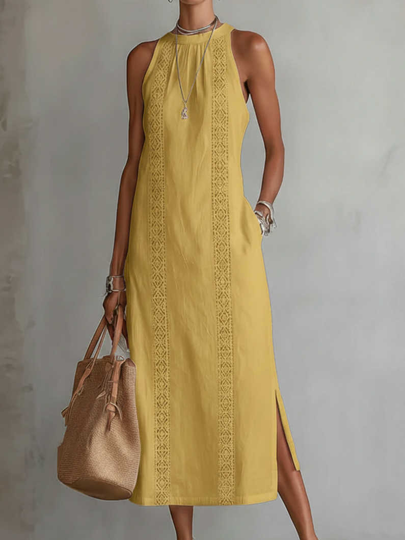 Jimena | Leinen-Midi-Kleid mit Koreanischem Kragen
