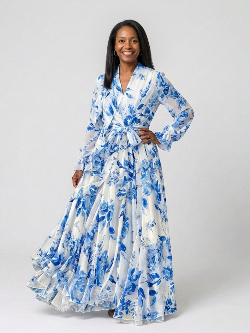 "Lillian | Florales Maxikleid mit langen Ärmeln" can be rewritten as "Lillian | Langärmliges Maxikleid mit floralem Design".