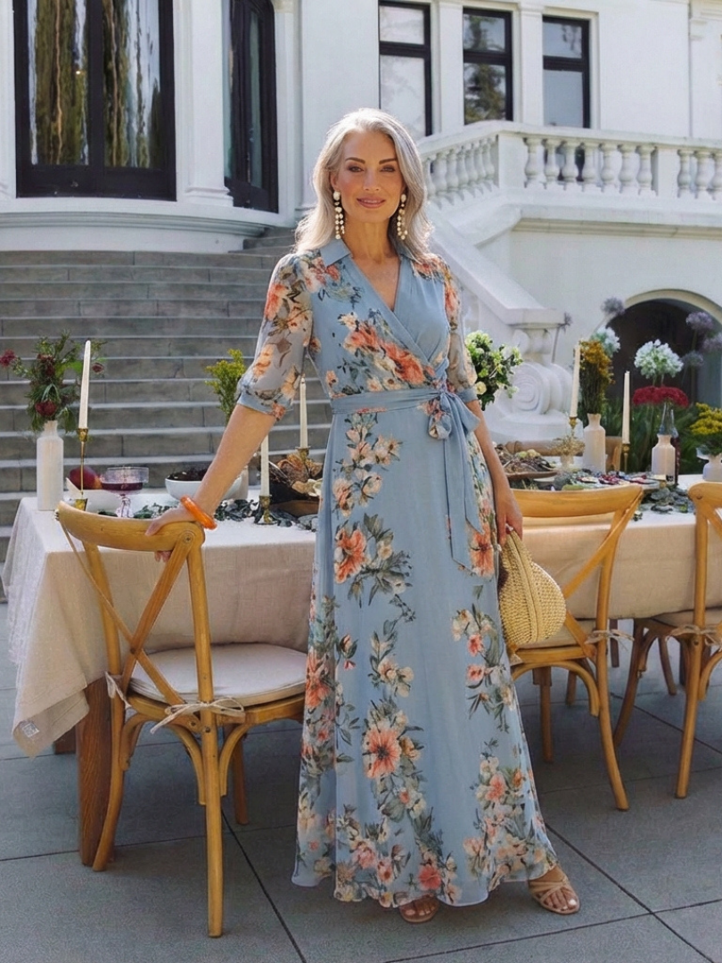 Elowen | Maxikleid mit floralem Wickel-V-Ausschnitt