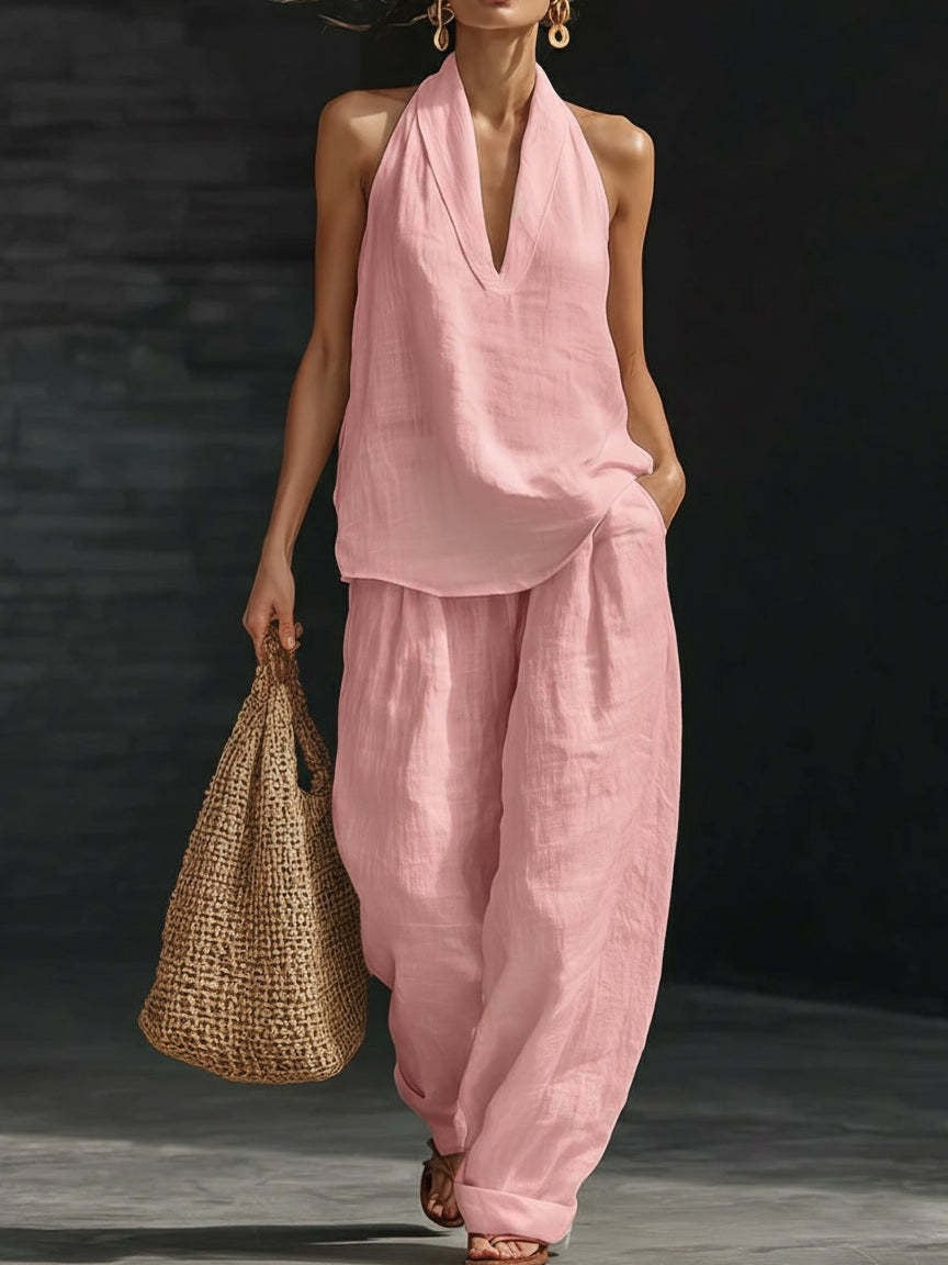 Lila V-Ausschnitt ärmelloses Top und weite Hose Set